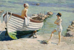 Two Young Women and a Boat on the Beach
