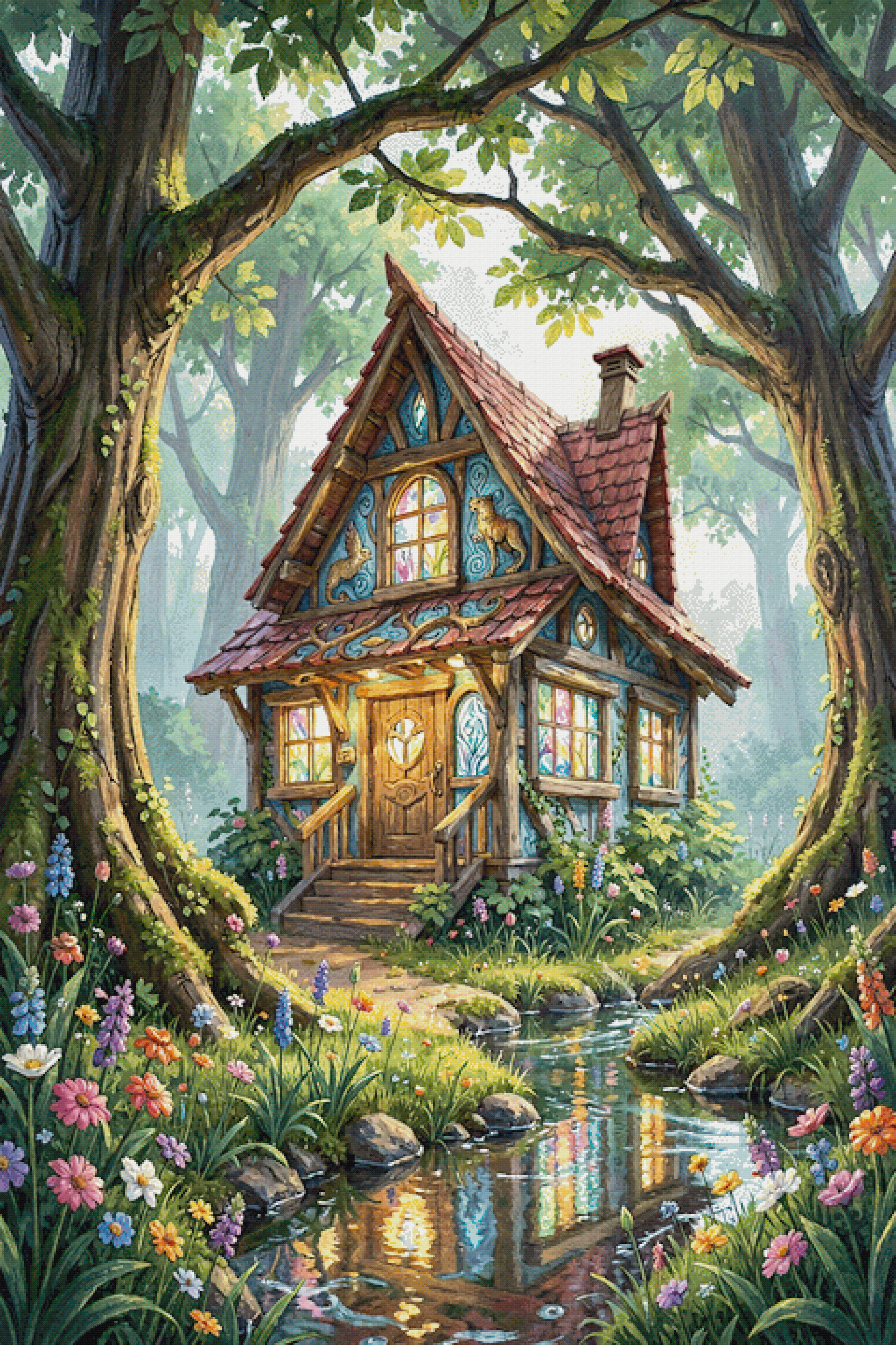 Woodland Cottage cross-stitch pattern by Thread-Bare (XL size, Max colors, Full DMC palette)