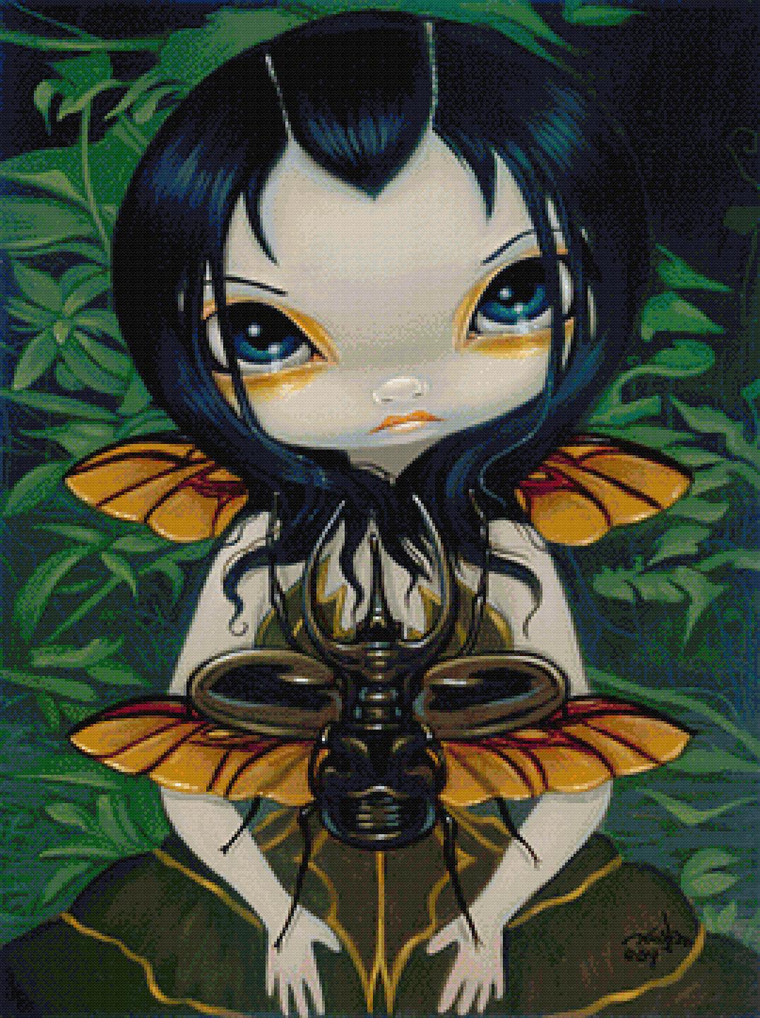 Beetle Wings cross-stitch pattern by Jasmine Becket-Griffith (SM size, Med colors, Diamond Art palette)