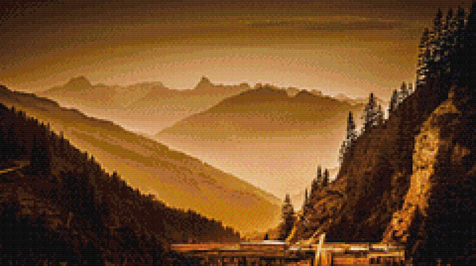 Sepia Mountains cross-stitch pattern (XS size, High colors, Full DMC palette)