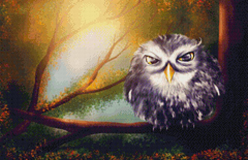 アウル Angry Owl cross-stitch pattern (XL size, Max colors, Full DMC palette)