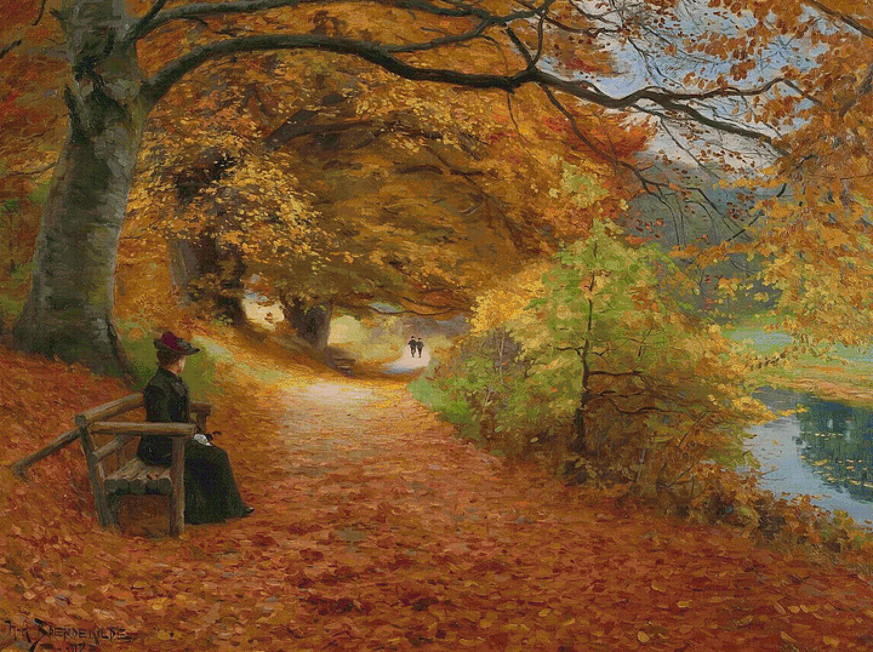 A Wooded Path in Autumn cross-stitch pattern by Hans Andersen Brendekilde (XL size, Low colors, Full DMC palette)