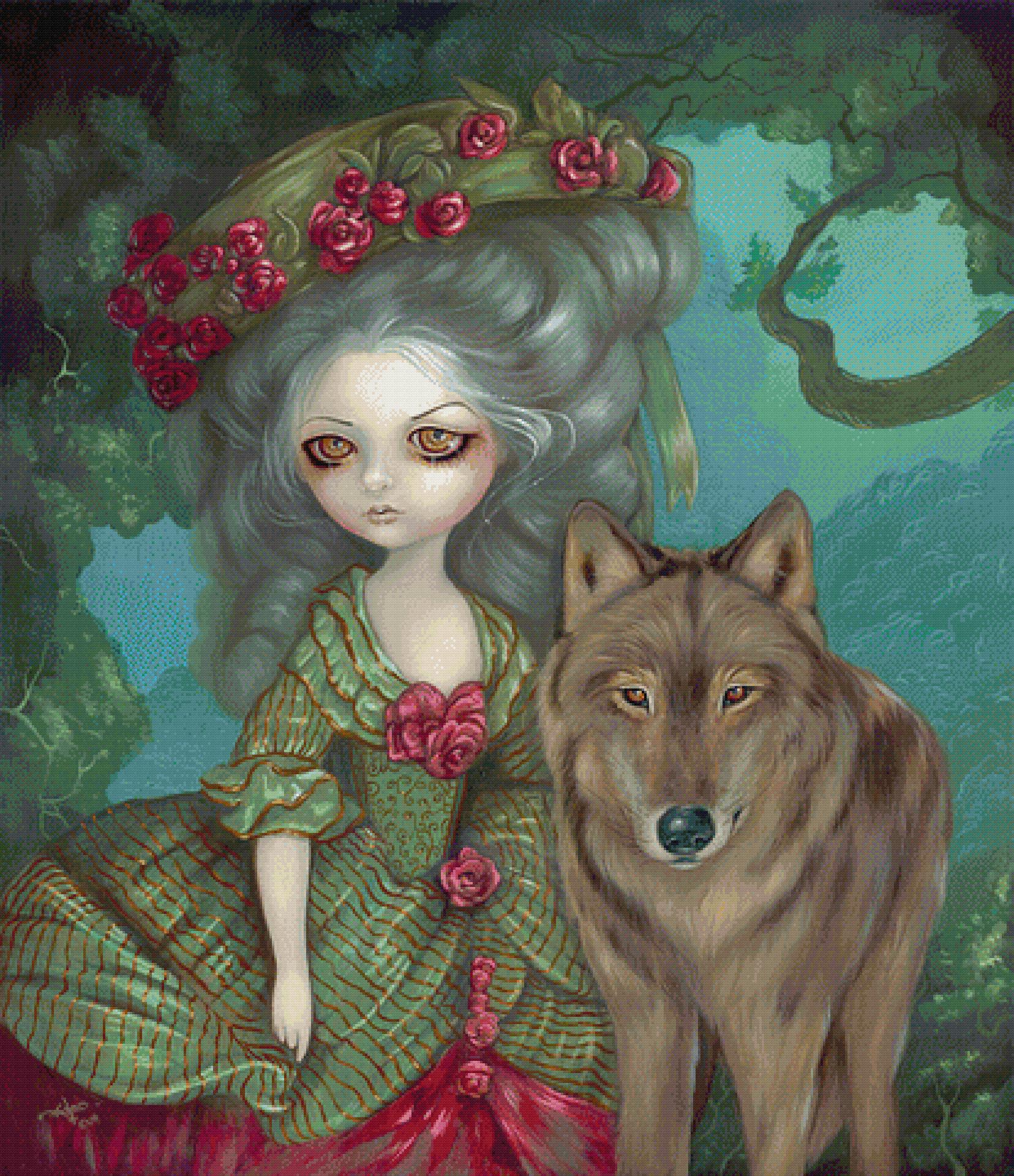 Loup Garou: La Foret cross-stitch pattern by Jasmine Becket-Griffith (MD size, Med colors, Full DMC palette)