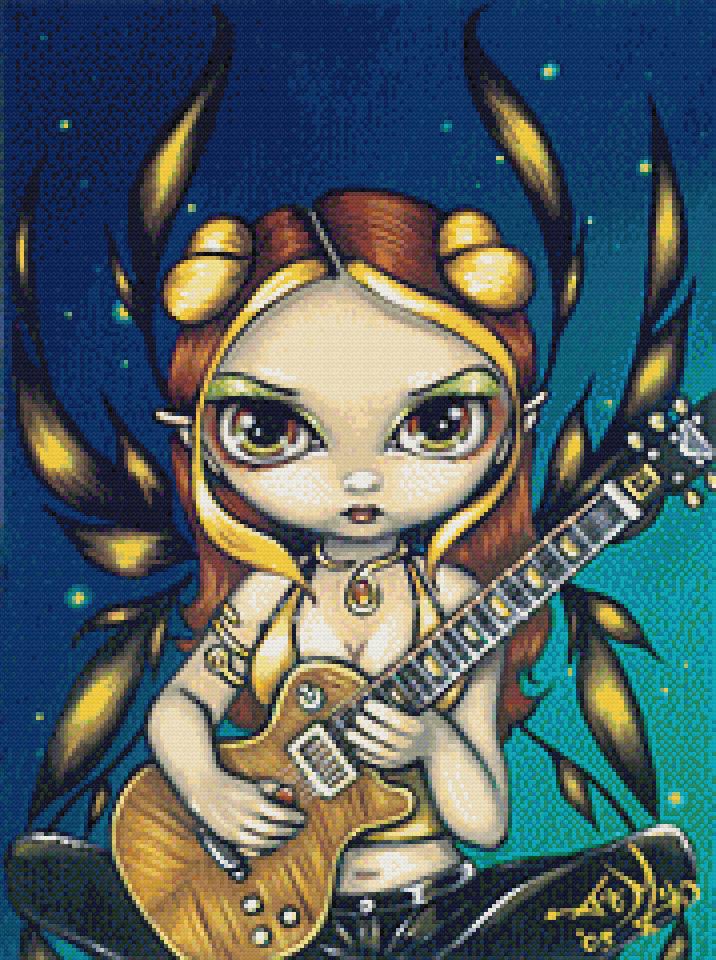 Golden Guitar Fairy cross-stitch pattern by Jasmine Becket-Griffith (XS size, High colors, Full DMC palette)