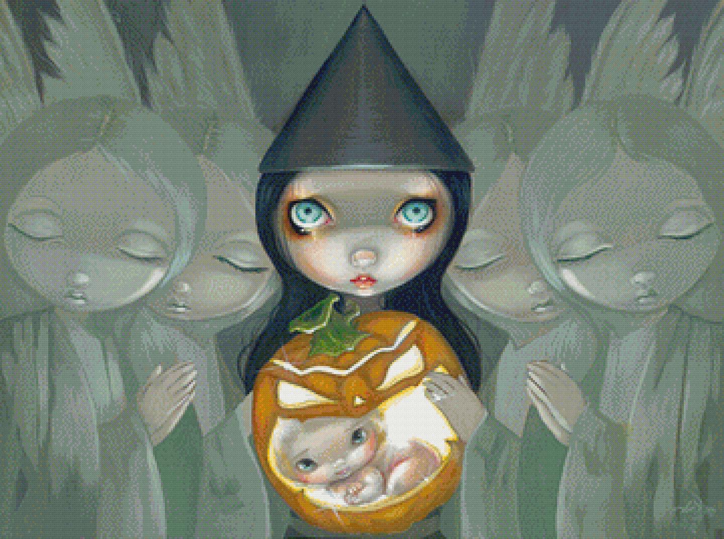 Born of a Pumpkin cross-stitch pattern by Jasmine Becket-Griffith (SM size, High colors, Diamond Art palette)